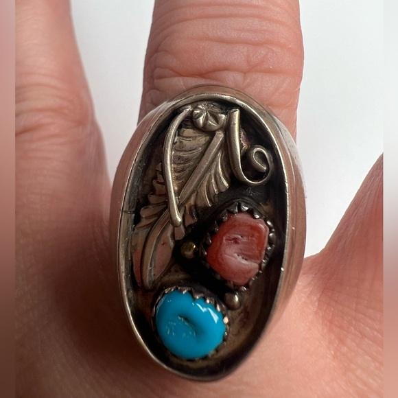 Large Turquoise & Coral Sterling Silver 925 Ring, Size 10 - Picture 2 of 3
